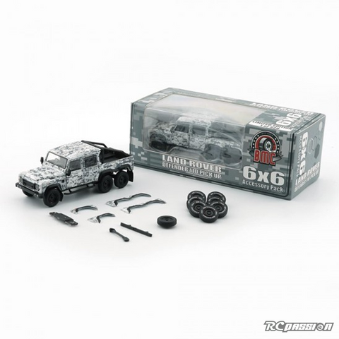 BMC 1/64 Land Rover Defender 110 Pick Up 6x6 Camouflage Checker White Delux Accessory Pack RHD Diecast Scale Model Car 64B0341